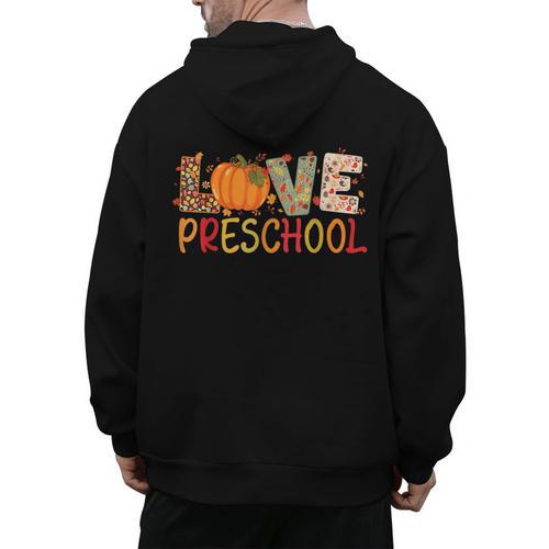 Love Preschool Happy Fall Thanksgiving Women Teacher Men's Hoodie Back Print - teacherstshirts.com AU