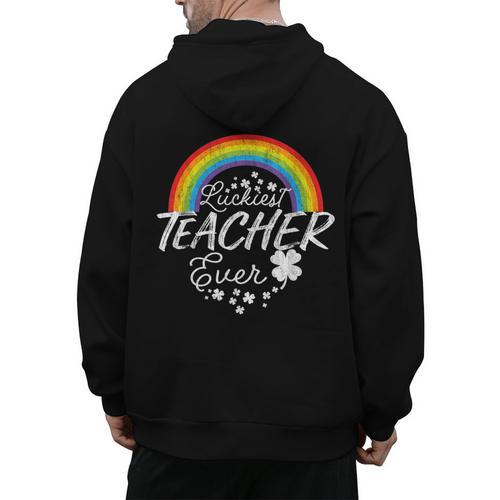 Luckiest Teacher Ever Rainbow- St Patricks Day Teacher Men's Hoodie Back Print - teacherstshirts.com DE