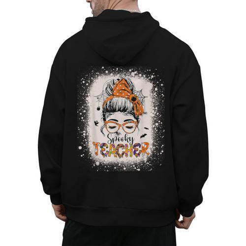 Messy Bun Spooky Teacher Bleached Halloween Teachers Men's Hoodie Back Print - teacherstshirts.com AU
