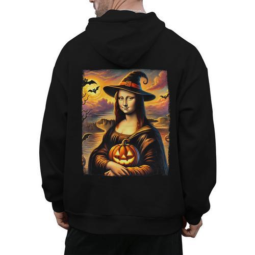 Mona Lisa Pumpkin Halloween Art Teacher Witchy Women Kids Men's Hoodie Back Print - teacherstshirts.com UK