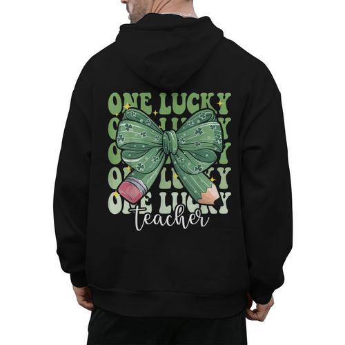 One Lucky Teacher Coquette Bow St Patricks Day Teacher Men's Hoodie Back Print - teacherstshirts.com DE