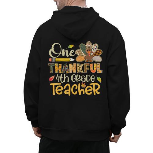 One Thankful 4th Grade Teacher Turkey Leopard Thanksgiving Men's Hoodie Back Print - teacherstshirts.com UK