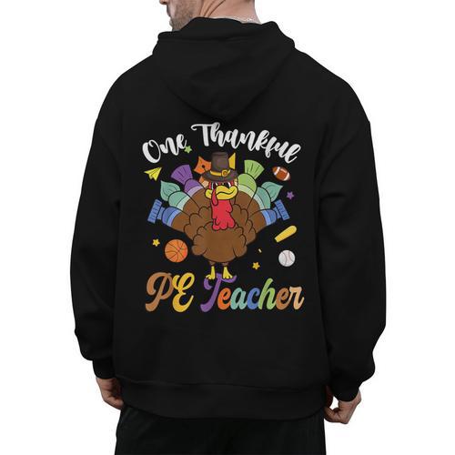 One Thankful PE Teacher Turkey Thanksgiving -Adults & Kids Classic Fit Polyester 100 Short Sleeve Men's Hoodie Back Print - teacherstshirts.com UK