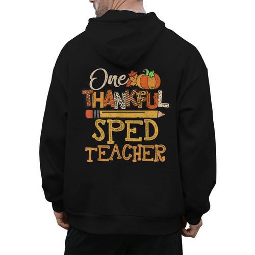 One Thankful Sped Teacher Cute Thanksgiving Women Men's Hoodie Back Print - teacherstshirts.com DE