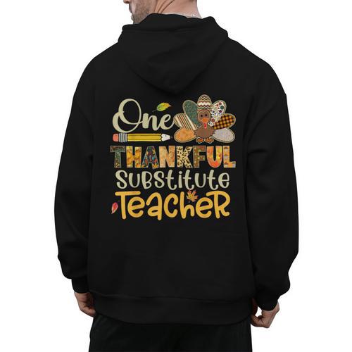 One Thankful Substitute Teacher Turkey Leopard Thanksgiving For Men Women Men's Hoodie Back Print - teacherstshirts.com