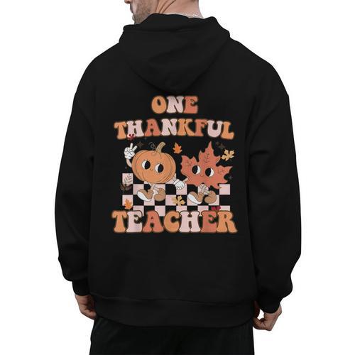 One Thankful Teacher Fall Leaves Thanksgiving Retro Men's Hoodie Back Print - teacherstshirts.com