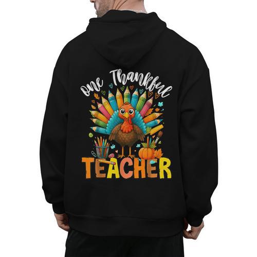 One Thankful Teacher Thanksgiving Turkey Cute Crayon Pencil Men's Hoodie Back Print - teacherstshirts.com UK