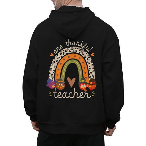 One Thankful Teacher Thanksgiving Turkey Rainbow Fall Men's Hoodie Back Print - teacherstshirts.com