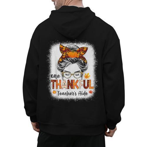 One Thankful Teacher's Aide Messy Bun Thanksgiving Fall Men's Hoodie Back Print - teacherstshirts.com