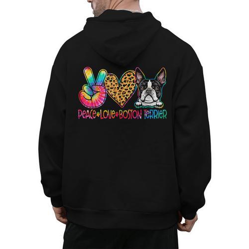 Peace Love Boston Terrier Tie Dye Dog Lover For Men Women Girls Kids Men's Hoodie Back Print - Bostonterriersmerch.com CA