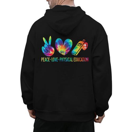 Peace Love Physical Education Tie Dye Sports PE Teacher Men's Hoodie Back Print - teacherstshirts.com AU