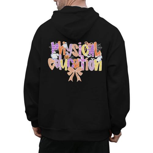 Physical Education Halloween Bow Checkered Teacher Ghost PE Men's Hoodie Back Print - teacherstshirts.com UK
