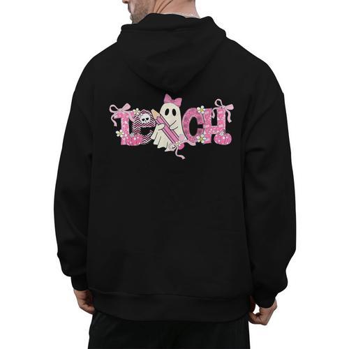 Pink Ghost Teach Halloween Teacher In Spooky Season Men's Hoodie Back Print - teacherstshirts.com AU