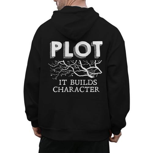 Plot It Builds Character Book Reading Teacher Men's Hoodie Back Print - teacherstshirts.com