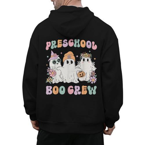 Preschool Boo Crew Groovy Halloween Floral Ghost Teacher Men Women Kids Men's Hoodie Back Print - teacherstshirts.com AU