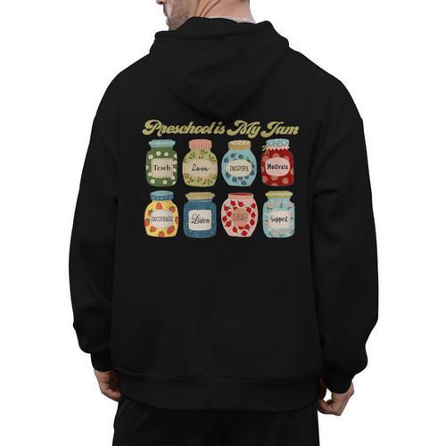 Preschool Is My Jam Retro Preschool Teacher Back To School Men's Hoodie Back Print - teacherstshirts.com