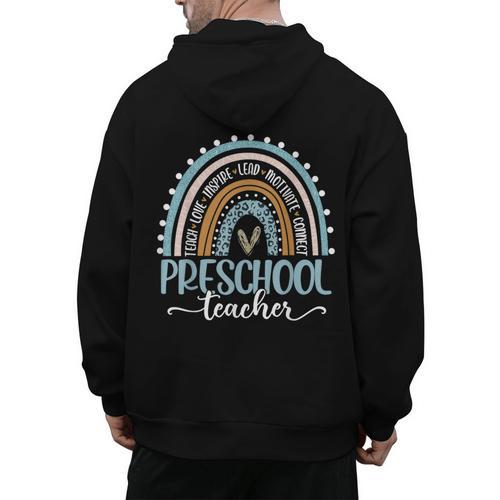 Preschool Teacher Leopard Boho Rainbow Back To School Men's Hoodie Back Print - teacherstshirts.com