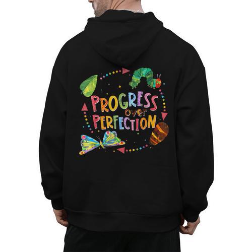 Progress Over Perfection Caterpillar Teacher Back To School Men's Hoodie Back Print - teacherstshirts.com AU