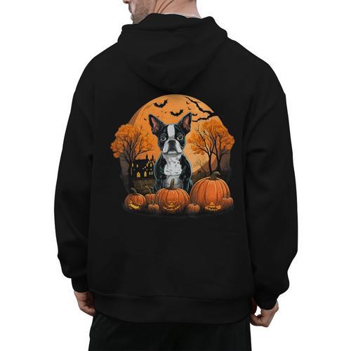 Pumpkin Boston Terrier Costume On Boston Terrier Halloween Men's Hoodie Back Print - Bostonterriersmerch.com