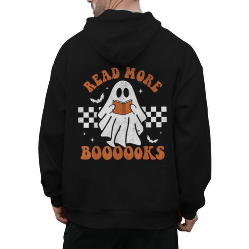 Read More Books Cute Ghost Reading Book Teacher Halloween Men's Hoodie Back Print - teacherstshirts.com CA
