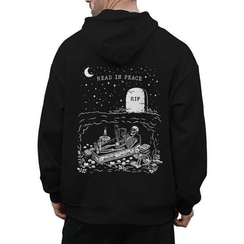 Read In Peace Skeleton Halloween Book Reading Spooky Teacher Men's Hoodie Back Print - teacherstshirts.com AU