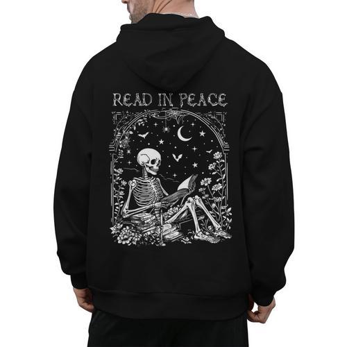 Read In Peace Skeleton Reading Teacher Spooky Halloween Men's Hoodie Back Print - teacherstshirts.com UK