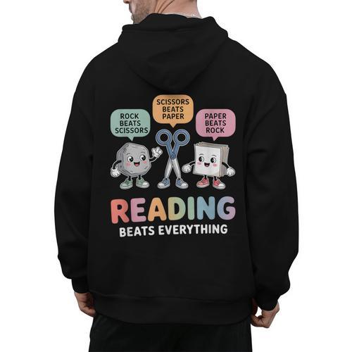 Reading Beats Everything Teacher Rock Paper Scissors Men's Hoodie Back Print - teacherstshirts.com
