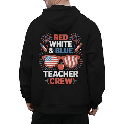 Red & Blue Teacher Crew Shirt 4th Of July Sunglasses Men's Hoodie Back Print - teacherstshirts.com UK