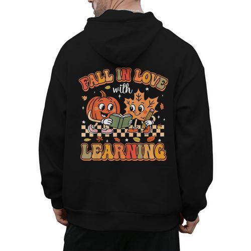 Retro Fall In Love With Learning Autumn Pumpkin Teachers Men's Hoodie Back Print - teacherstshirts.com AU