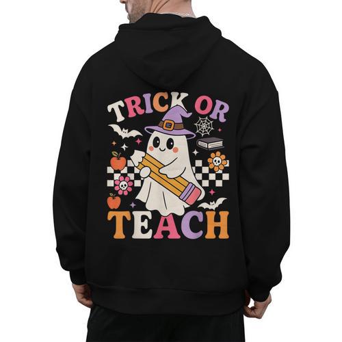 Retro Floral Ghost Trick Or Teach Groovy Teacher Halloween Men's Hoodie Back Print - teacherstshirts.com AU