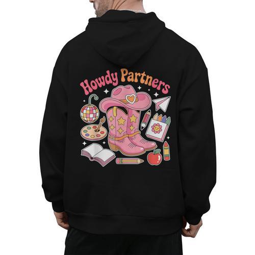 Retro Howdy Partners Cowgirl Cowboy Teacher Back To School Men's Hoodie Back Print - teacherstshirts.com