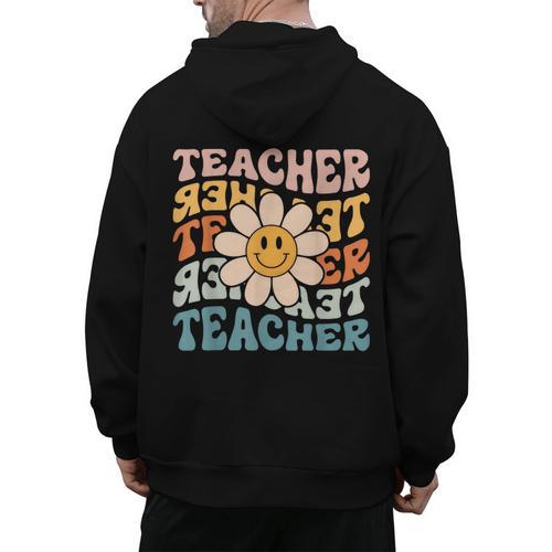 Retro Teacher Daisy Colorful Elementary School Teacher Men's Hoodie Back Print - teacherstshirts.com AU