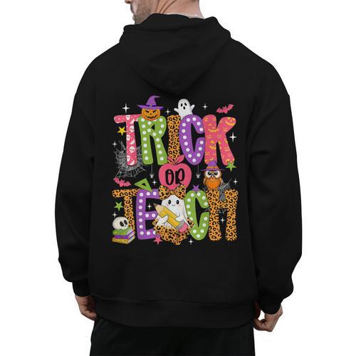 Retro Trick Or Teach Leopard Ghost Halloween Spooky Teacher Men's Hoodie Back Print - teacherstshirts.com UK