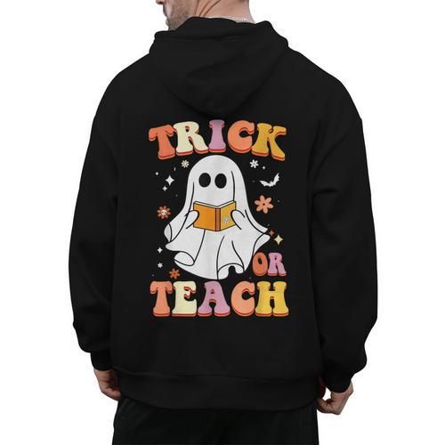 Retro Vintage Groovy Trick Or Teach Teacher Halloween For Men Women Kids Men's Hoodie Back Print - teacherstshirts.com UK