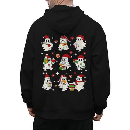 Santa Ghost Reading Books Christmas Library Teacher Men's Hoodie Back Print - teacherstshirts.com AU