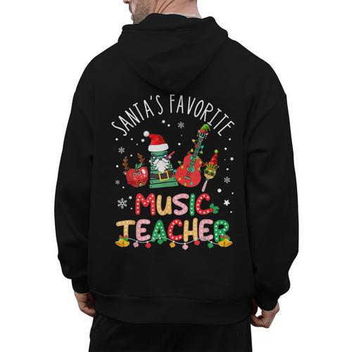 Santa's Favorite Music Teacher Christmas Santa Hat Matching Men's Hoodie Back Print - teacherstshirts.com