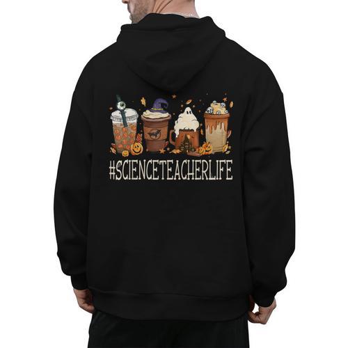 Science Teacher Horror Fall Coffee Halloween Pumpkin Autumn Men's Hoodie Back Print - teacherstshirts.com AU