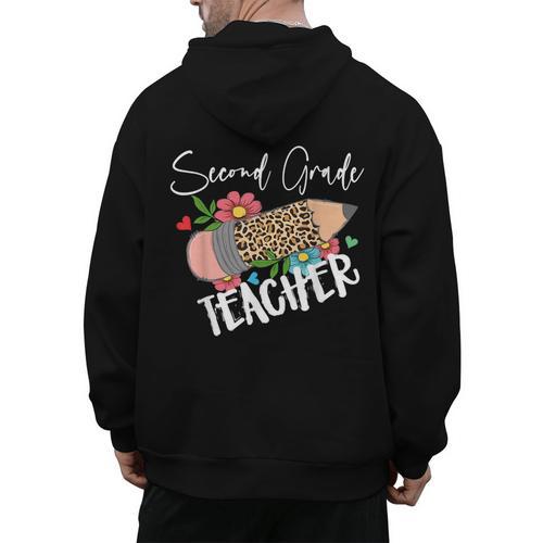 Second Grade Teacher Leopard Pencil 2nd Grade Women Teacher Men's Hoodie Back Print - teacherstshirts.com CA