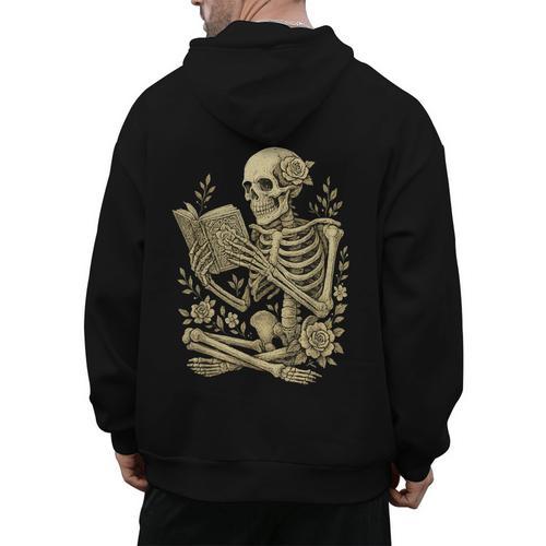 Skeleton Book Floral Skull Halloween Teacher Costume Men's Hoodie Back Print - teacherstshirts.com