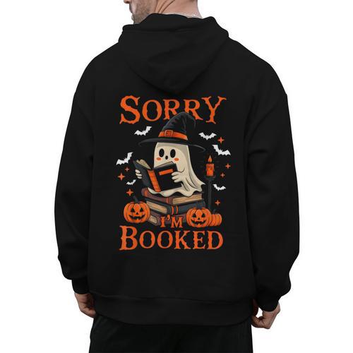 Sorry I'm Booked Ghost Reading Book Lover Teacher Halloween Men's Hoodie Back Print - teacherstshirts.com AU