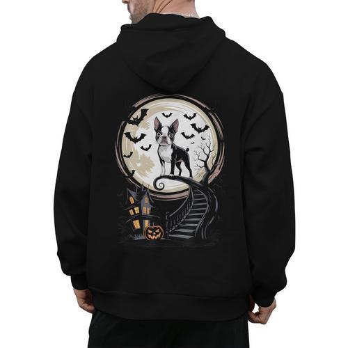 Spooky Halloween Moon Boston Terrier Boston Bull Bostie Men's Hoodie Back Print - Bostonterriersmerch.com