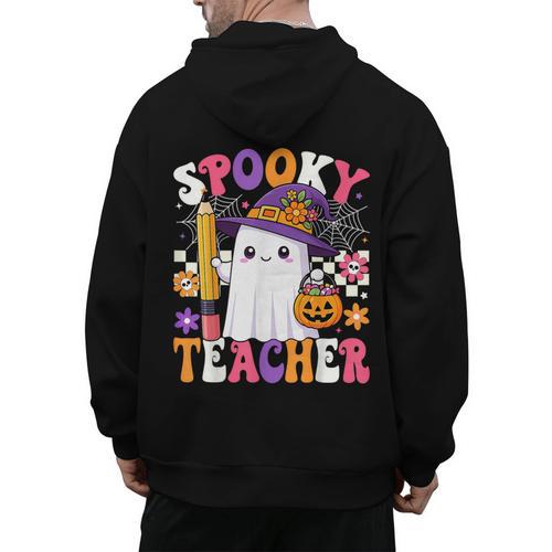 Spooky Teacher Ghost Pencil Teach Halloween Teacher Men's Hoodie Back Print - teacherstshirts.com AU