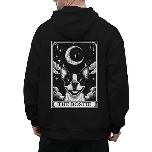 Tarot Card Vintage Crescent Moon Boston Terrier Dog Mom Men's Hoodie Back Print - Bostonterriersmerch.com