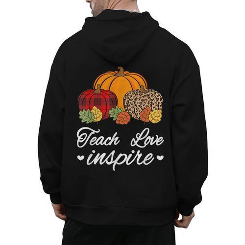 Teach Love Inspire Autumn Fall Plaid Leopard Pumpkin Teacher For Men Women Kids Men's Hoodie Back Print - teacherstshirts.com