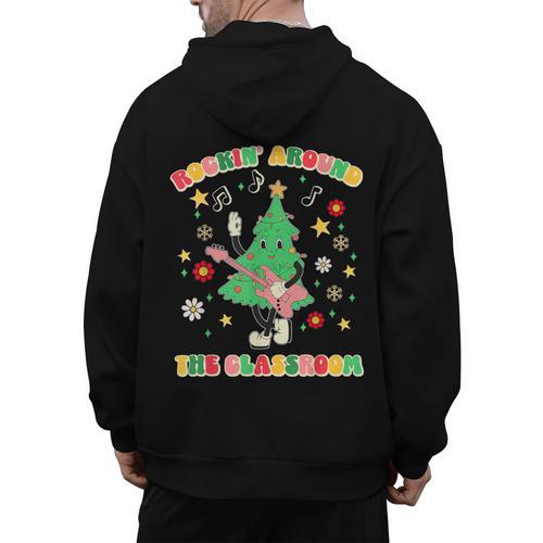 Teacher Christmas Shirts Pajama Matching Rockin' Around The Classroom -Adult Short Sleeve Small Modern Festive Christmas Teacher Xmas Vibes T-Shirt Men's Hoodie Back Print - teacherstshirts.com UK