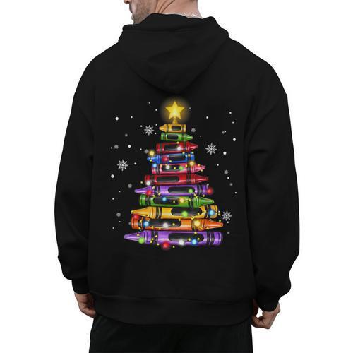 Teacher Crayon Christmas Tree Lights Student School Xmas Men's Hoodie Back Print - teacherstshirts.com