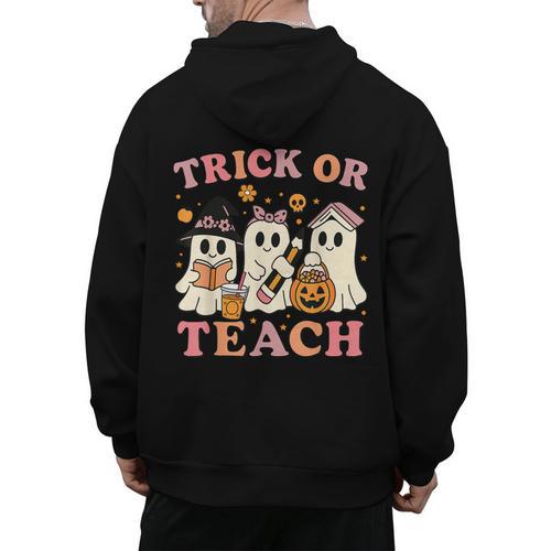 Teacher Halloween Trick Or Teach Cute Ghost Coffee Pumpkins Men's Hoodie Back Print - teacherstshirts.com UK