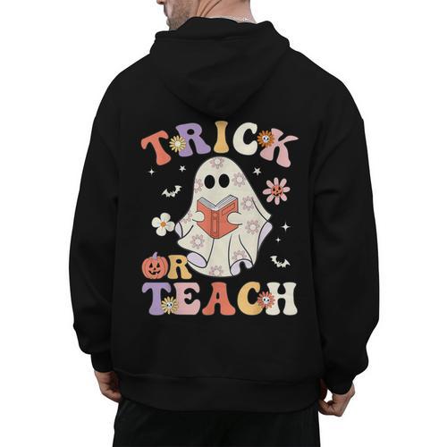 Teacher Halloween Trick Or Teach Floral Ghost Men's Hoodie Back Print - teacherstshirts.com DE