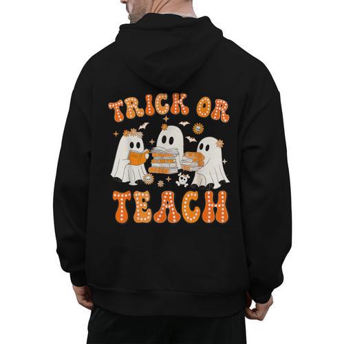 Teacher Halloween Trick Or Teach Retro Groovy Floral Ghost Men's Hoodie Back Print - teacherstshirts.com AU
