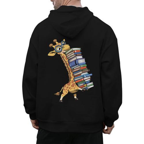 Teacher Shirt Giraffe Holding Books Bookworm Librarian Men's Hoodie Back Print - teacherstshirts.com DE